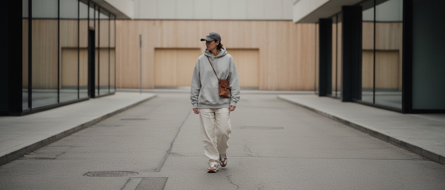 Silhouette streetwear en hoodie oversize et sneakers marchant dans une rue urbaine