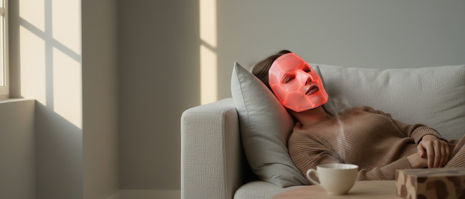 Femme se relaxant avec un masque LED rouge sur le visage.
