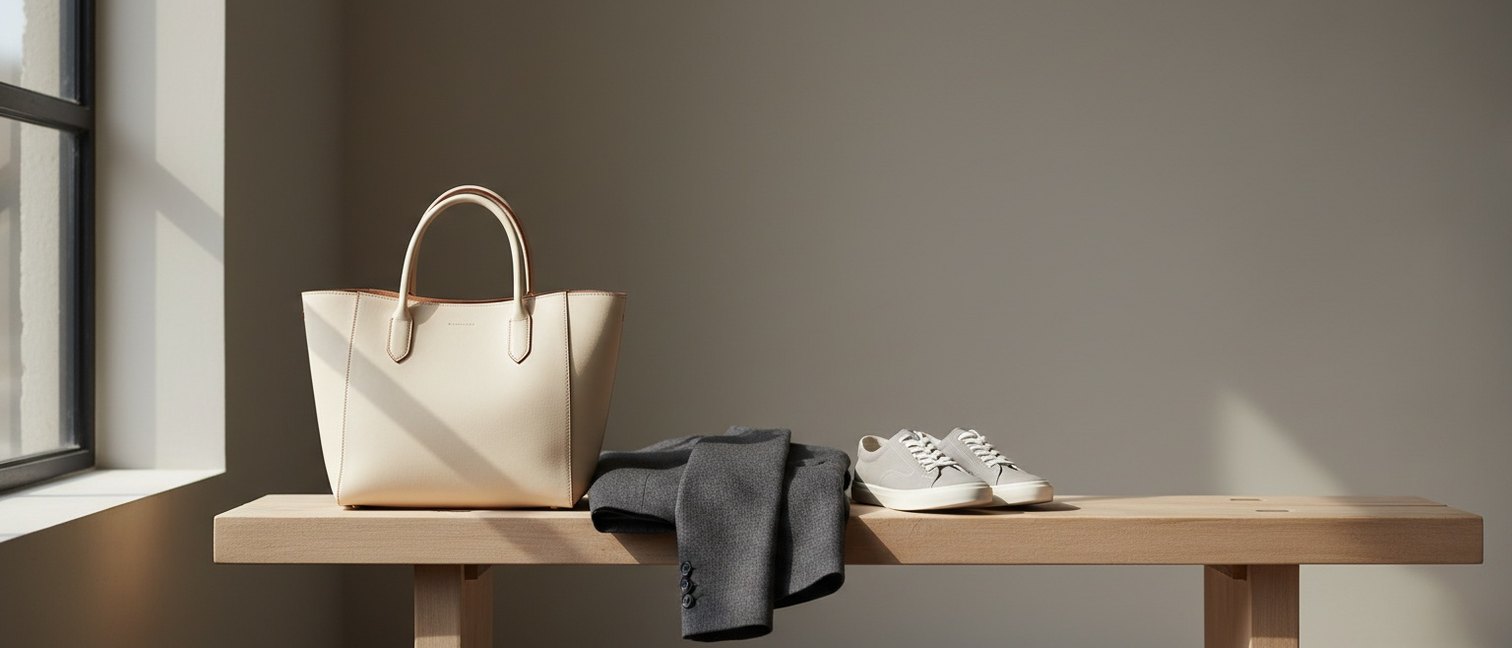 Sac cabas en cuir posé sur un banc en bois avec un blazer et des baskets
