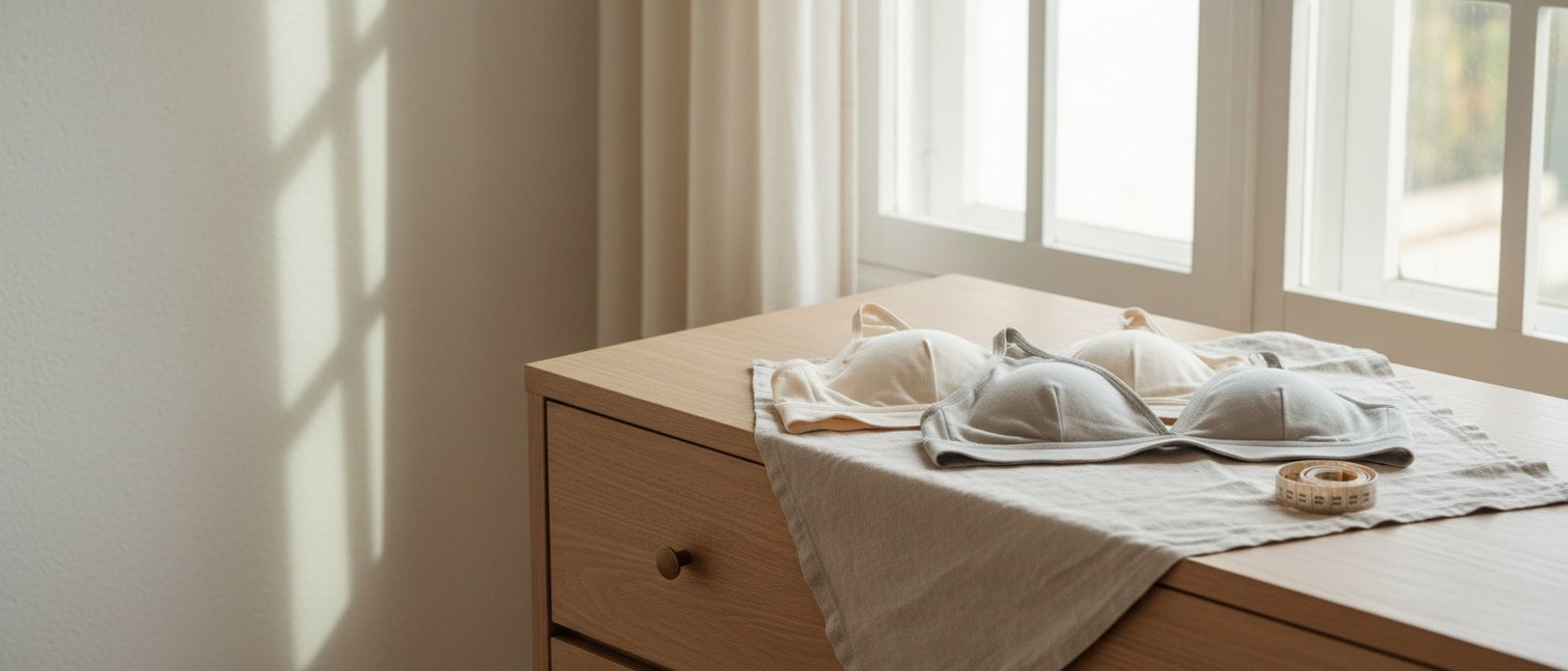 Soutien-gorge en coton bio et mètre ruban sur une commode en lumière naturelle