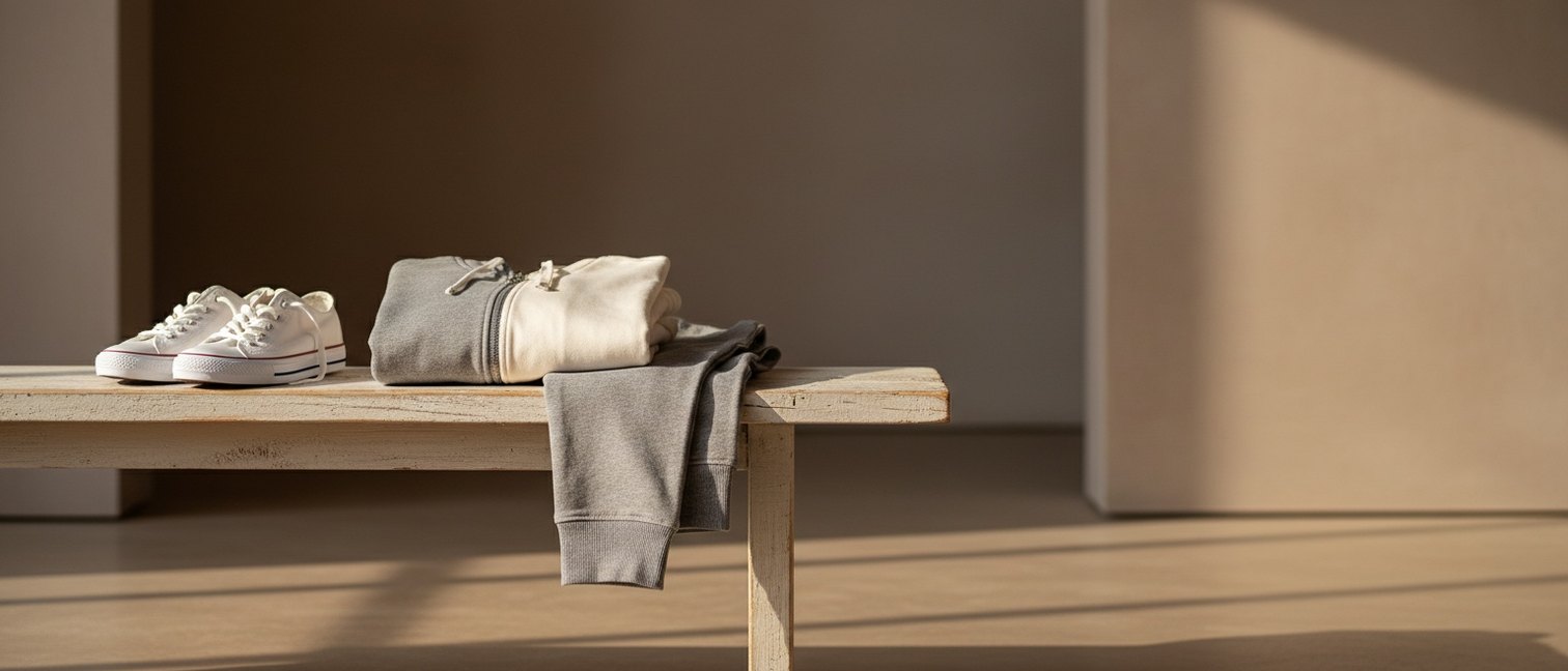 Survêtement homme plié sur un banc en bois avec des baskets blanches